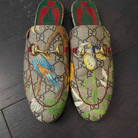 Authentic womens Gucci Grey Canvas Bird Printed Princetown mules size 35 - Picture 2 of 7